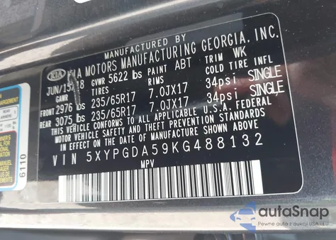 2019 Kia Sorento 3.3L Lx z USA, uszkodzony, nr VIN 5XYPGDA59KG488132